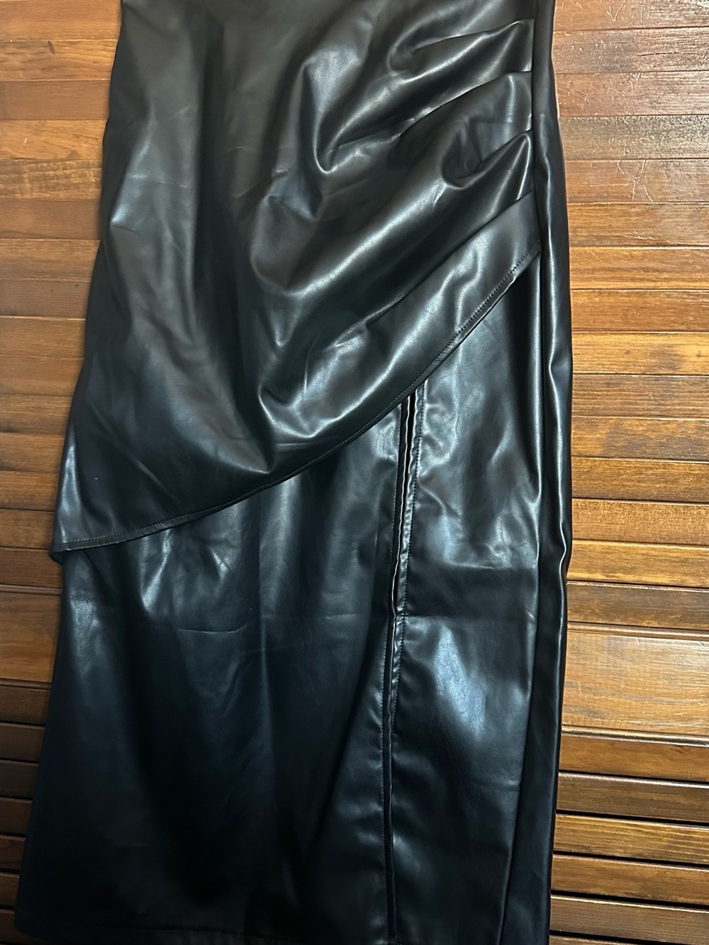 Black Faux Leather Wrap Midi Skirt